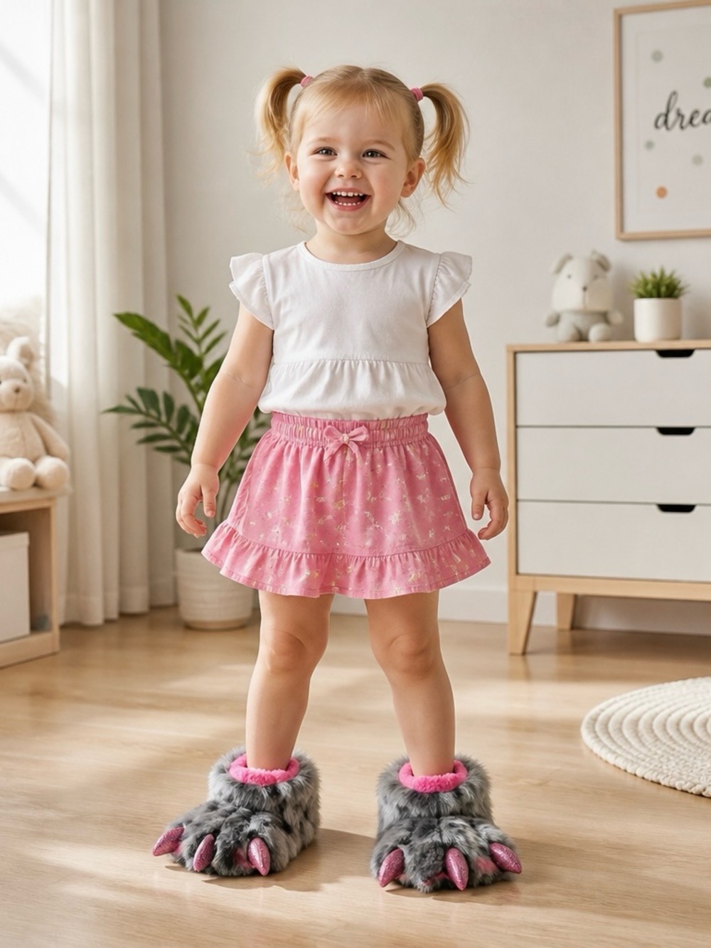 Wonder Nation Baby/Toddler Slippers Pink Gray Monster Claw Furry Shoes Sz 4,5,6